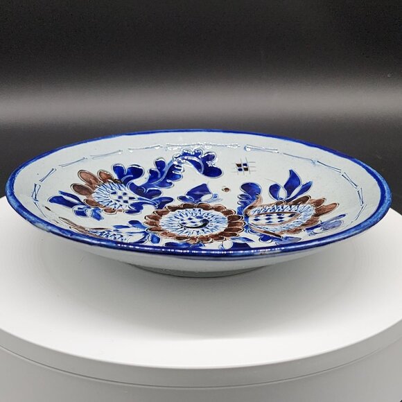 Studio Pottery Ceramic Floral Bowl Textured Raised Carved Design Blue Brown 7.5" - Picture 7 of 10